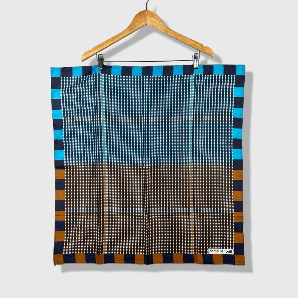 Daniel La Foret Scarf Unisex OS Blue Brown Plaid Geometric Modernist Aesthetic